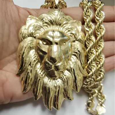 10k Yellow Gold Lion Head Pendant Mens Charm 4  With 28  Rope Chain  • $2909.37