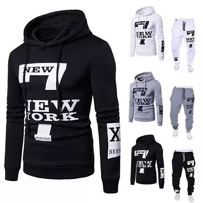 2Pcs Tracksuit Set Mens Casual Sweat Pants Tops Gym Sports Wear Hooded Joggers • £25.85