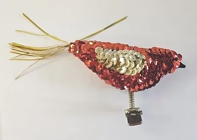 VTG Red Cardinal Gold Sequin Clip-On Bird Christmas Ornament Tinsle Bristle Tail • $17.95