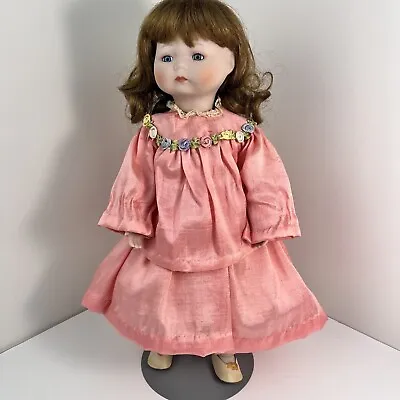 Marian Yu MYD Porcelain Doll Girl Pink Dress Flowers Brown Curly Hair Numbered • $11.21