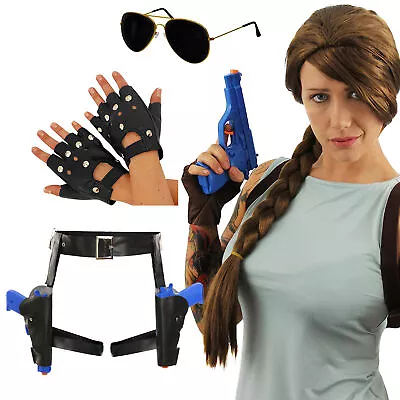 Tomb Raider Lara Croft Fancy Dress Costume Guns Holster Gloves Glasses Halloween • £6.99