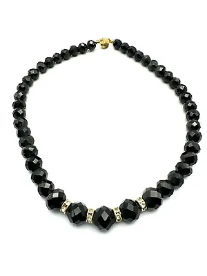 Vtg Faceted Graduated Black Onyx 14k Pat Pend Clasp Rhinestone Rondelles 15” • $59.99