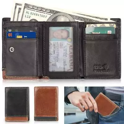 Real Leather Slim Wallets For Men Trifold Mens Wallet W/ ID Window RFID Blocking • $10.29