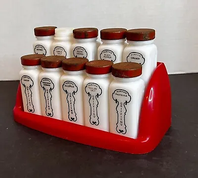 $32.50 • Buy Mid Century 50’s  Griffiths Milk Glass/Red Cap Spice Jar Set W/ Stand Vintage