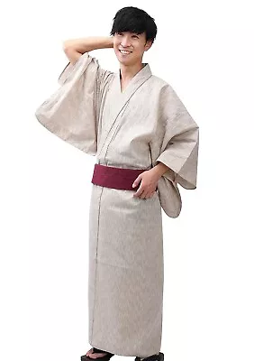 Edoten Men‘s Kimono Japan Shijira Weaving Yukata 752 Beige 753 Wine Obi Large • £58