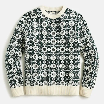 NWT J Crew 100% Lambs Wool Nordic Fair Isle Green & White Geometric Sweater • $119.99