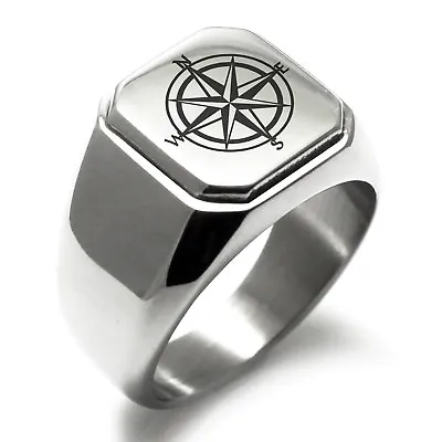 Stainless Steel Nautical Star Compass Mens Square Biker Style Signet Ring • $15