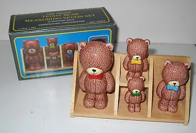 Ceramic Teddy Bear Measuring Spoons Set Of 4 With Wood Crate Rack Holder & Box • $14.99