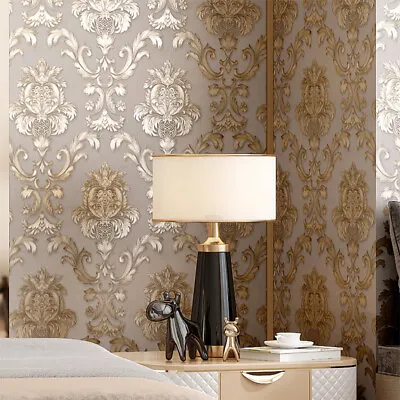 £11.99 • Buy Grey Antique Gold Damask Wallpaper For Living Room 3D Effect Textured Tartan