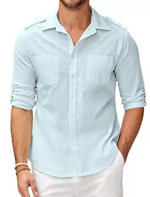  Men's Cotton Linen Shirt Long Sleeve Casual Button Down Large Clear Blue • $20.53