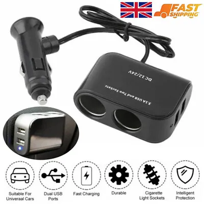 12V-24V 2 Way Car Cigarette Lighter Socket Splitter 2 USB Car Charger Adapter UK • £5.89