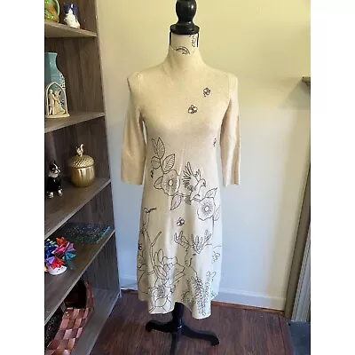 Moth Cream Turtle Neck 3/4 Sleeve Embroidered Floral And Nature Dress Medium • $40