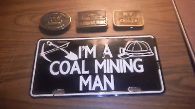 3- Collectible Coal Co. Belt Buckles & 1- Coal Man License Plate • $10