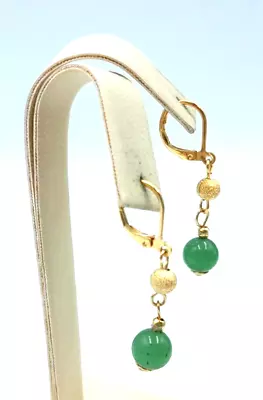 Vintage 1990's Simulated Jade Green Glass Beads Dangle Gold Tone 1.5  Earrings • $9.10