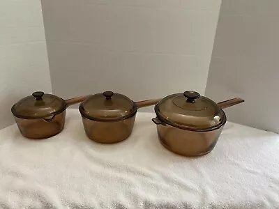 Vision Ware Amber Pyrex Pots Pans 6 Pc 1 L 1.5 L 2.5  Set • $69