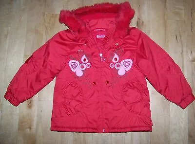 Girls Pampolina Red Fur Trimmed Hooded Coat Size 104. Age 4-5. • £20