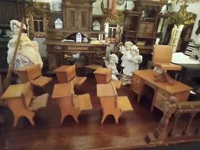 Dollhouse Miniature 1:12 Vintage Furniture School Teacher Desk Chairs Books Set • $65
