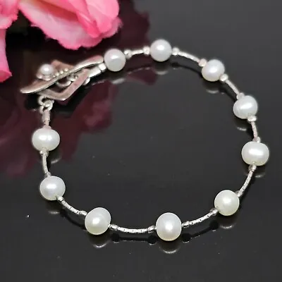 925 Sterling Silver - Vintage Freshwater Pearls Beaded Chain Bracelet Toggle • $24.95