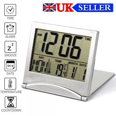 Folding LCD Digital Alarm Clock Desk Table Temperature Travel Electronic Clock • £4.45