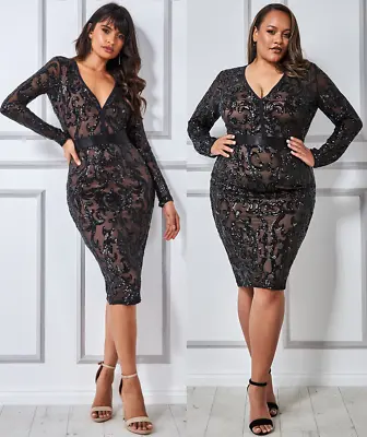 £69.99 • Buy Goddiva Black-Nude Sequin Long Sleeve Maxi Evening Dress Cocktail Prom Party
