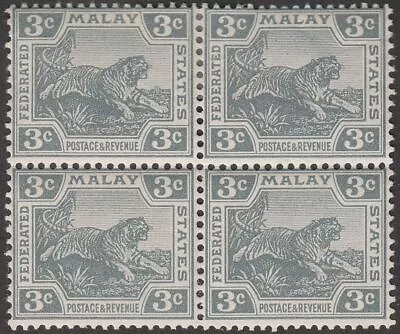 Federated Malay States 1918 KEVII Tiger 3c Grey Block Of Four Mint SG35 • $1.87