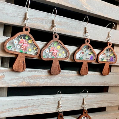 $2.39 • Buy Retro Vintage Wood Bezel Acrylic Mushroom Floral Earrings Women Unique Jewelry