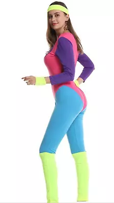 Ladies 80s Aerobics Workout Costume Retro Gym Work Out Physical Fitness Bodysuit • $42.99