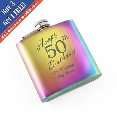 £12.95 • Buy Personalised Engraved 6oz Rainbow Steel Hip Flask Happy 50th Birthday