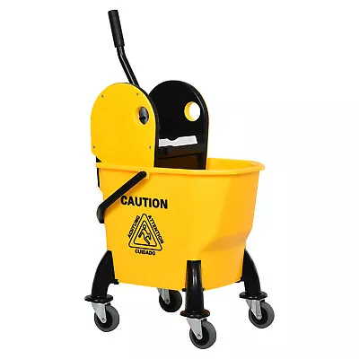 HOMCOM 26L Mop Bucket & Water Wringer 4 Wheels Plastic Body Metal Handle Yellow • £46.99