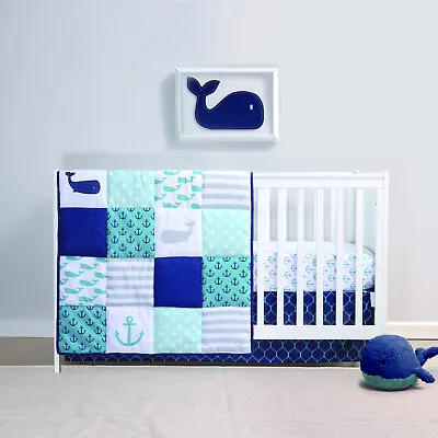 Nautical Whales & Anchors 3 Piece Microfiber Baby Boys Crib Bedding Set • $49.99