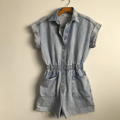 ZARA Jumpsuit Blue S Denim Short Sleeves Button Elastic Waist Raw Fringe Romper • $36.88