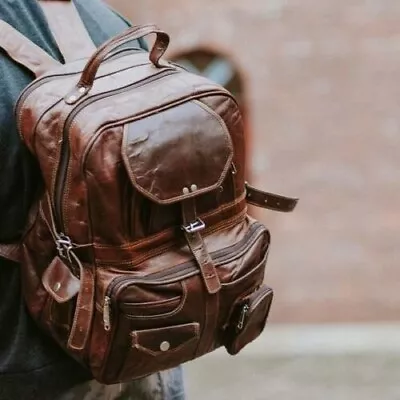 Men's Real Leather Goat Genuine Vintage Rucksack Backpack MessengerBrow • $85.50