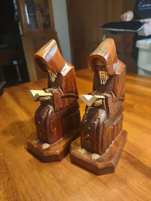 Vintage Monk Bookends Hand Carved Wood 8  Tall • $20