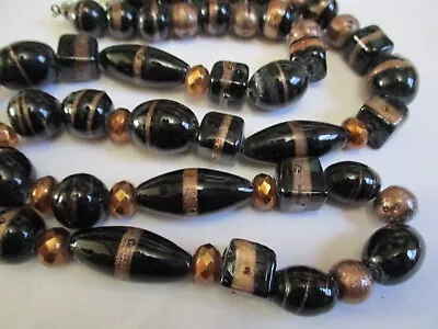 Vintage HEAVY Gold Foil Fleck Black VENETIAN Murano GLASS  Beaded Necklace • $34.99