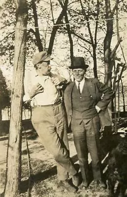 PP220 Vtg Photo MEN LEANING ON TREE SUSPENDERS MUSTACHE TOP HAT C Early 1900's • $5.50