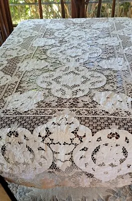 Vintage Beige Cream Needlelace Madeira Point De Venise Lace Tablecloth 235cm  • $247.21