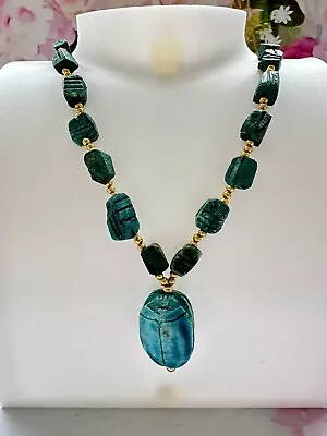Vintage Look Scarab Beetle Necklace Egyptian Style Blue Beaded Necklace • £12