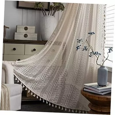 Boho Sheer Curtains Macrame Lace Semi-Sheer Crochet 59 W X 63 L-1Panel Beige • $27.61