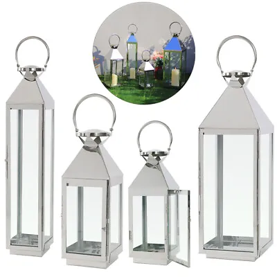 L/XL Metal Lantern Stainless Steel Glass Candle Holder Garden Lamp Wedding Decor • £20.99
