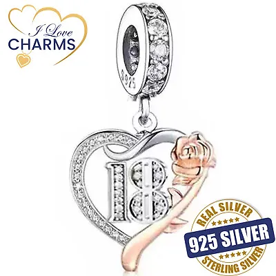 💝 18th Birthday Charm 925 Sterling Silver Heart Rose 18 Anniversary Love Gift • £16.94