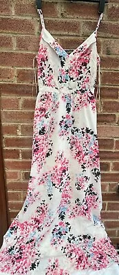 LUXE Women's Beige Floral Maxi Strappy Flared Lined Dress Size 10 / 38 / 6 • £18