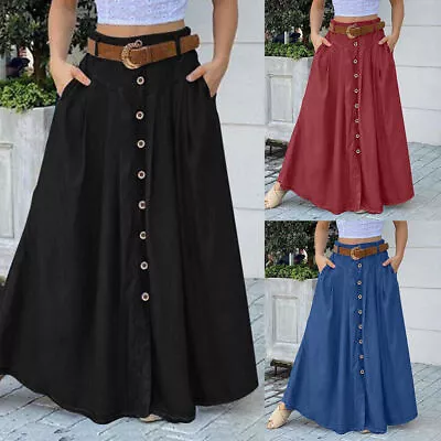 Women Buttons Maxi Skirt Solid Boho Casual Loose Swing Pockets Long Dress Skirts • $15.86