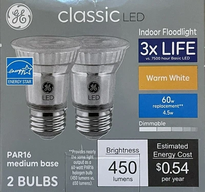 $14.99 • Buy 2 GE 60-Watt Classic PAR16 LED Flood Lights - 450 Lumens - 3000K - NEW