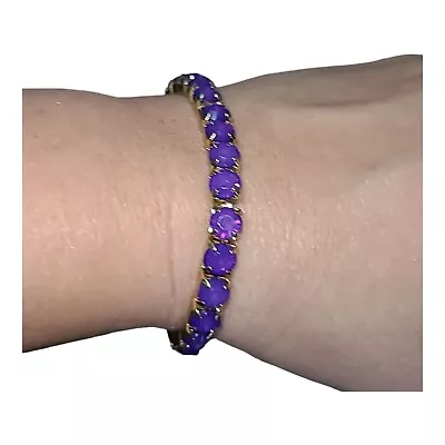 Single Row Gold Tone Bright Purple 6 Mm Acrylic Rhinestone Stretch Bracelet • $6