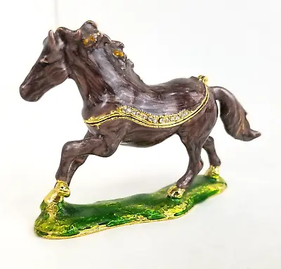 Running Horse Enamel Metal Trinket Box Crystals Bejeweled Magnetic Hinged Gold • $14.95