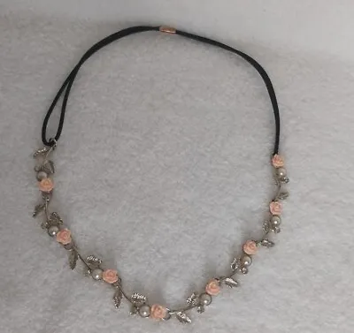 Silver Tone Leaf Pink Rose Faux Pear Diamond Elastic Statement Necklace Spring • £15