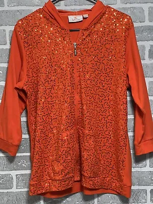 Quacker Factory Women’s Medium Orange Sequin Hoodie 3/4 Sleeves Flaw Preowned • $14.95