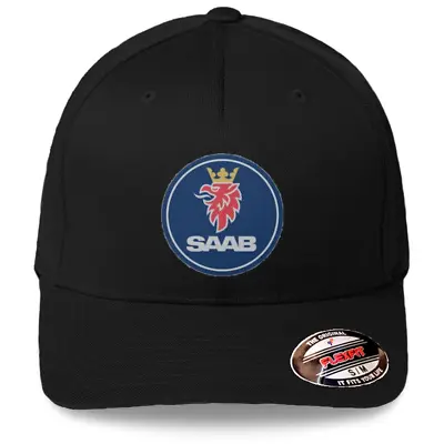 Saab Car Logo On Black Hat Flexfit Baseball Cap Printed Emblem S/M And L/XL • $22.99