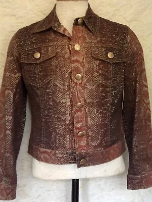 V Cristina Crop Denim Jacket Brown Metallic Python Print Sz Pm • $39.99