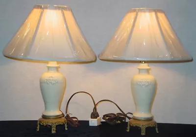 Rare! Vintage Ceramic Ivory Pair Of Accent Lamps New Silk Shades 14 3/4  Tall • $229.99